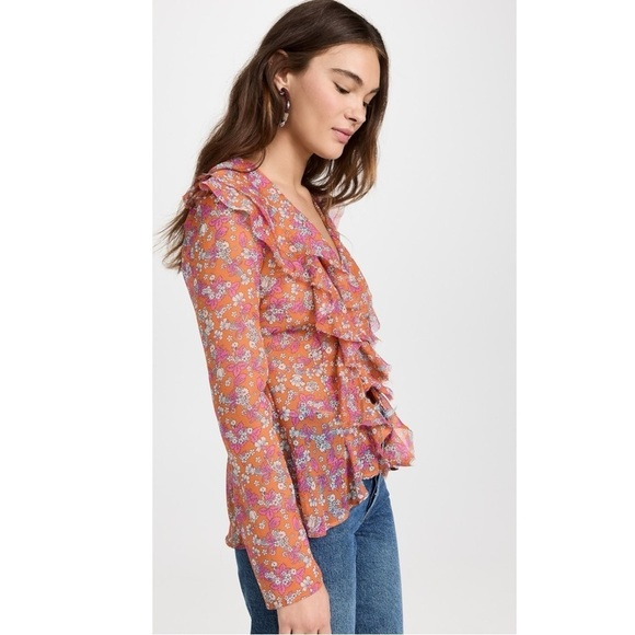 Free People Nina Printed Top Tulips XS Ditsy Floral V Neck Plunge Ruffles Sheer - Picture 6 of 15